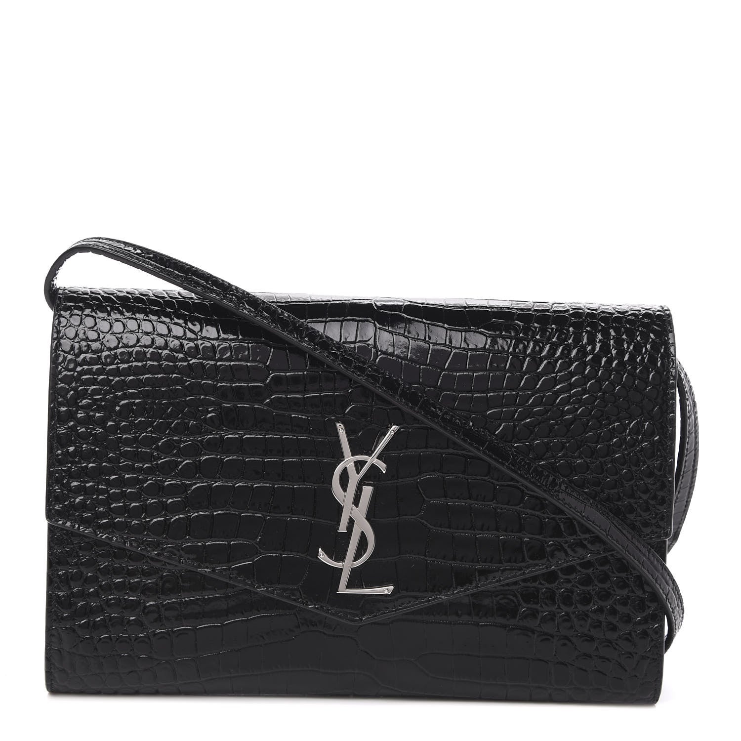 Saint Laurent Calfskin Crocodile Embossed Monogram Uptown Crossbody Black 1 of 10