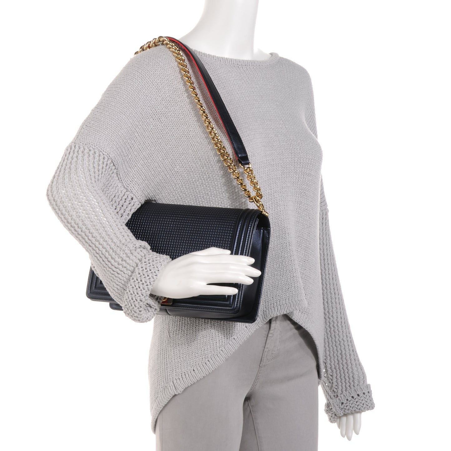 Lambskin Cube Embossed Large Boy Flap Navy Blue