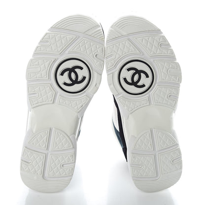 Chanel Nylon Calfskin Suede CC Womens Sneakers 38 Navy White Orange 8 of 9
