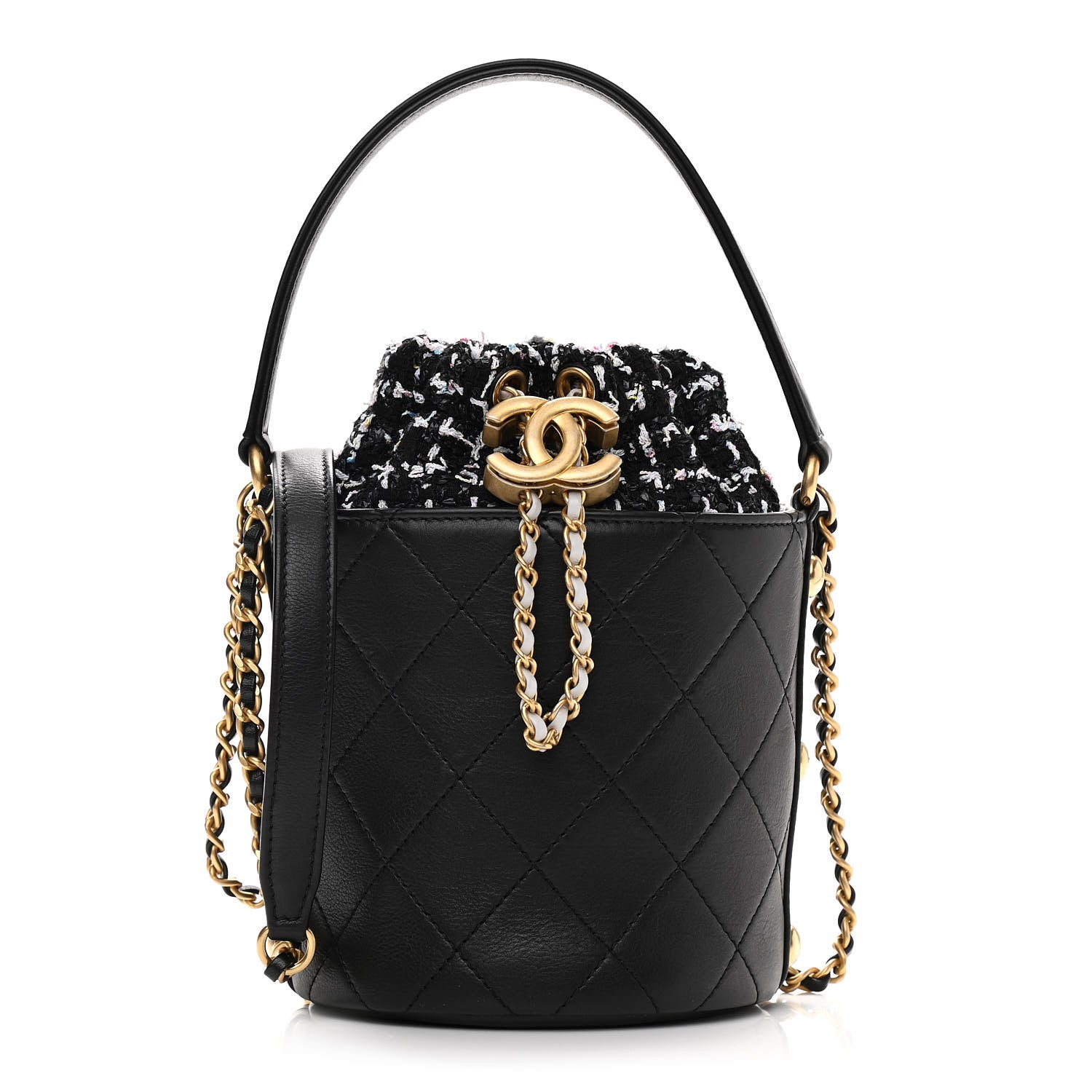 Chanel Calfskin Tweed Small CC Chain Bucket Drawstring Bag Black Multicolor 1 of 10