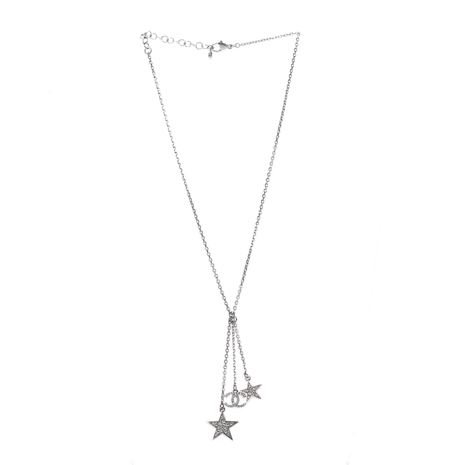 Chanel Crystal Glitter Enamel CC Star Drop Necklace Silver 4 of 5