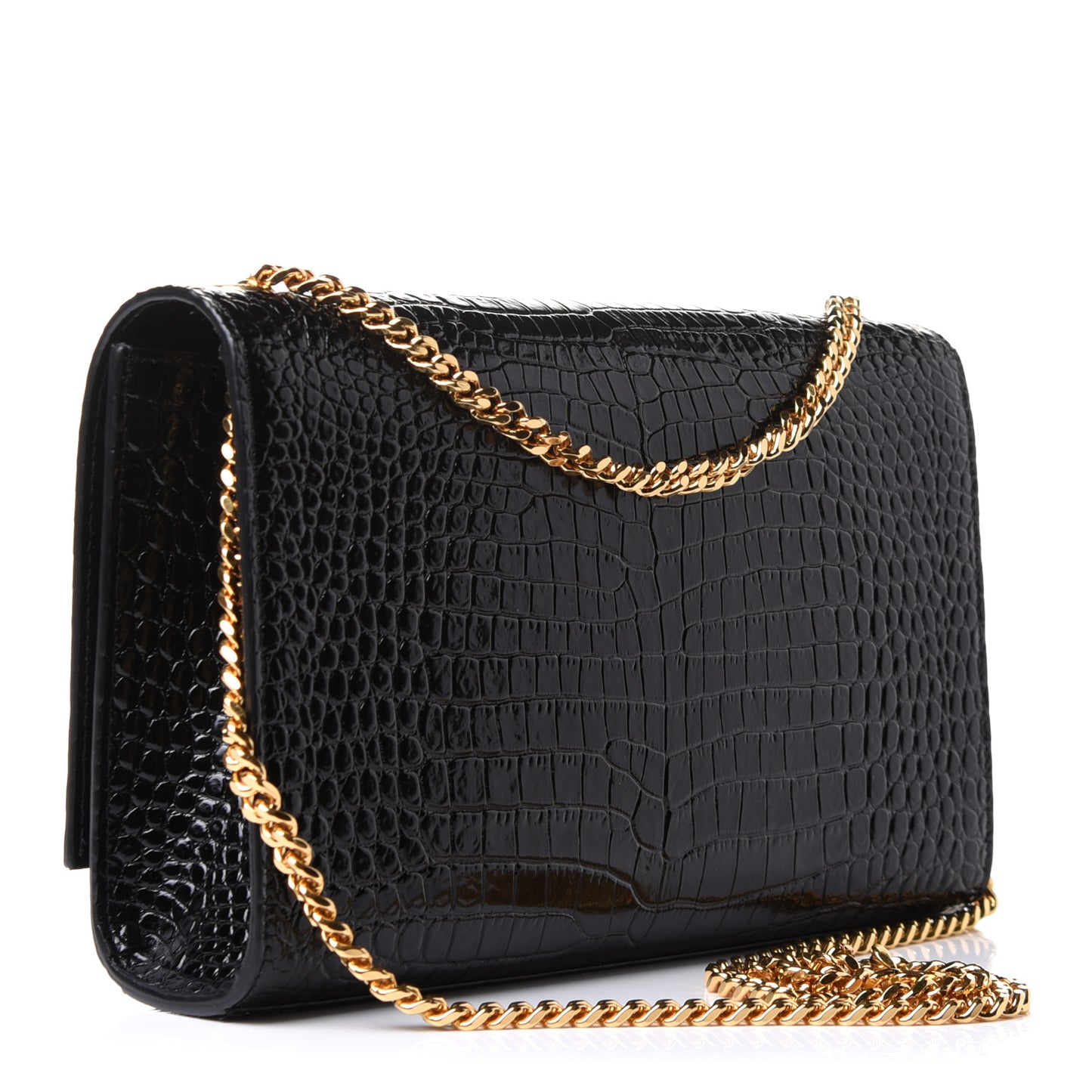 Calfskin Crocodile Embossed Medium Classic Monogram Kate Tassel Satchel Black