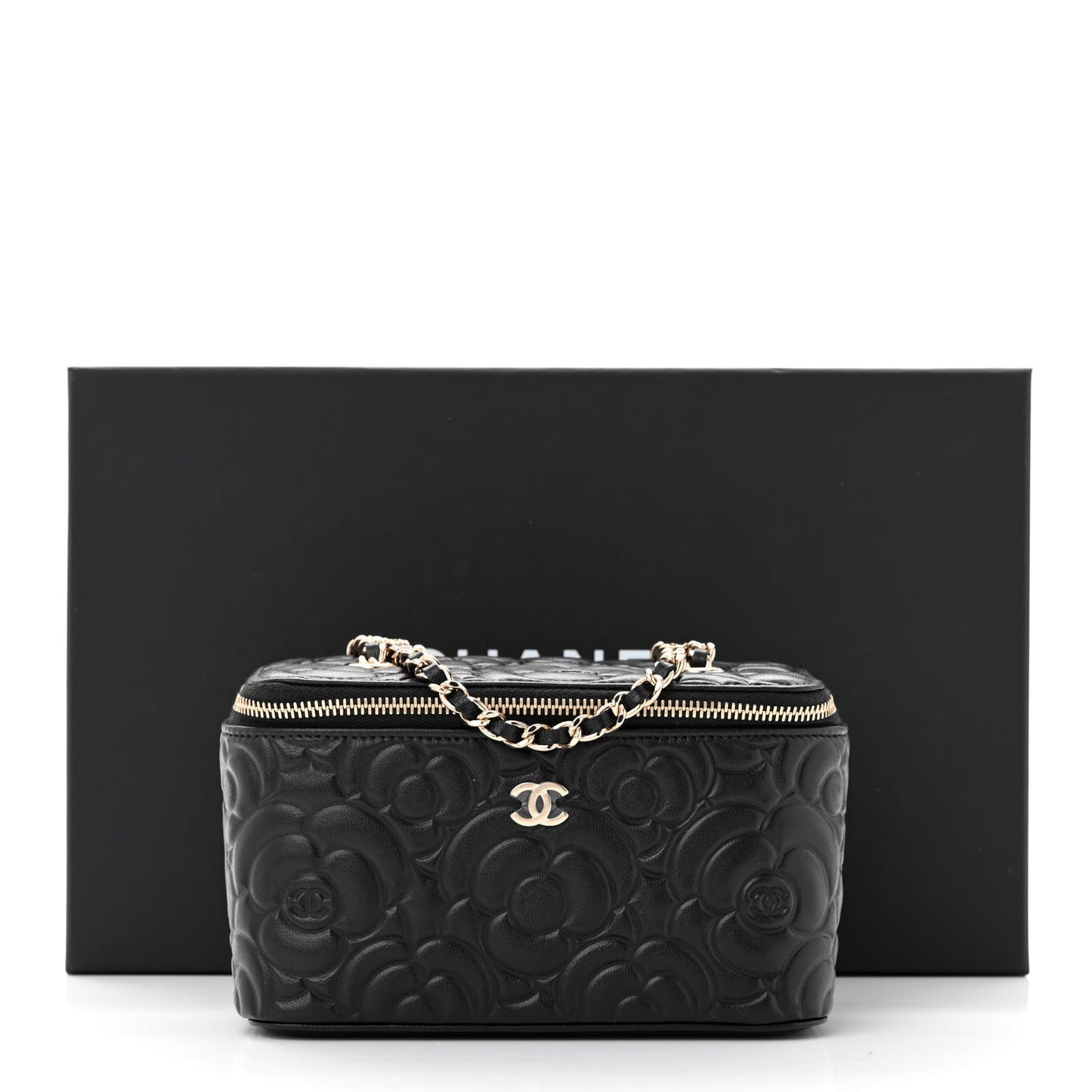 Lambskin Camellia Embossed Small Vanity Case With Chain Black