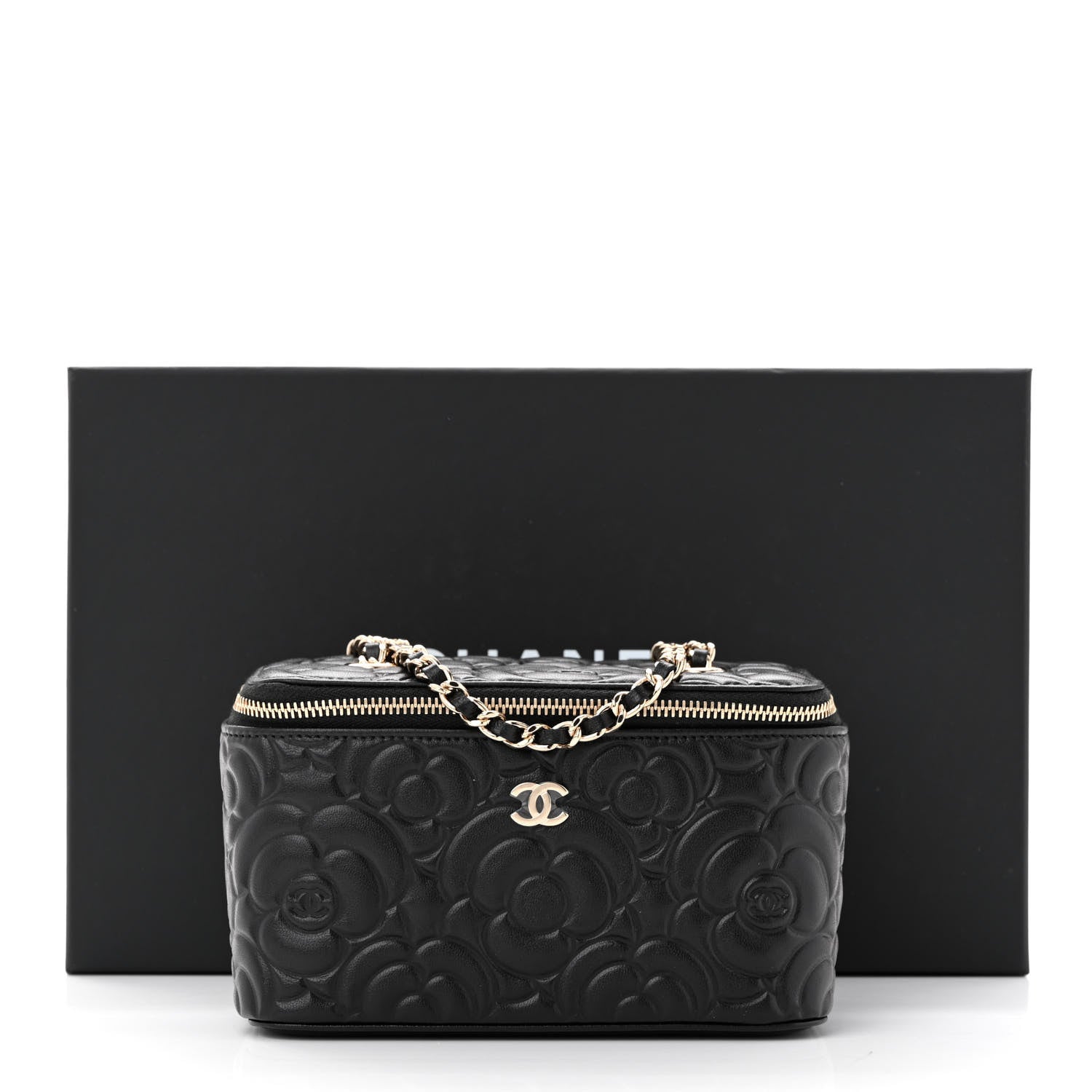 Chanel Lambskin Camellia Embossed Small Vanity Case With Chain Black 12 of 12
