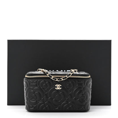Chanel Lambskin Camellia Embossed Small Vanity Case With Chain Black 12 of 12