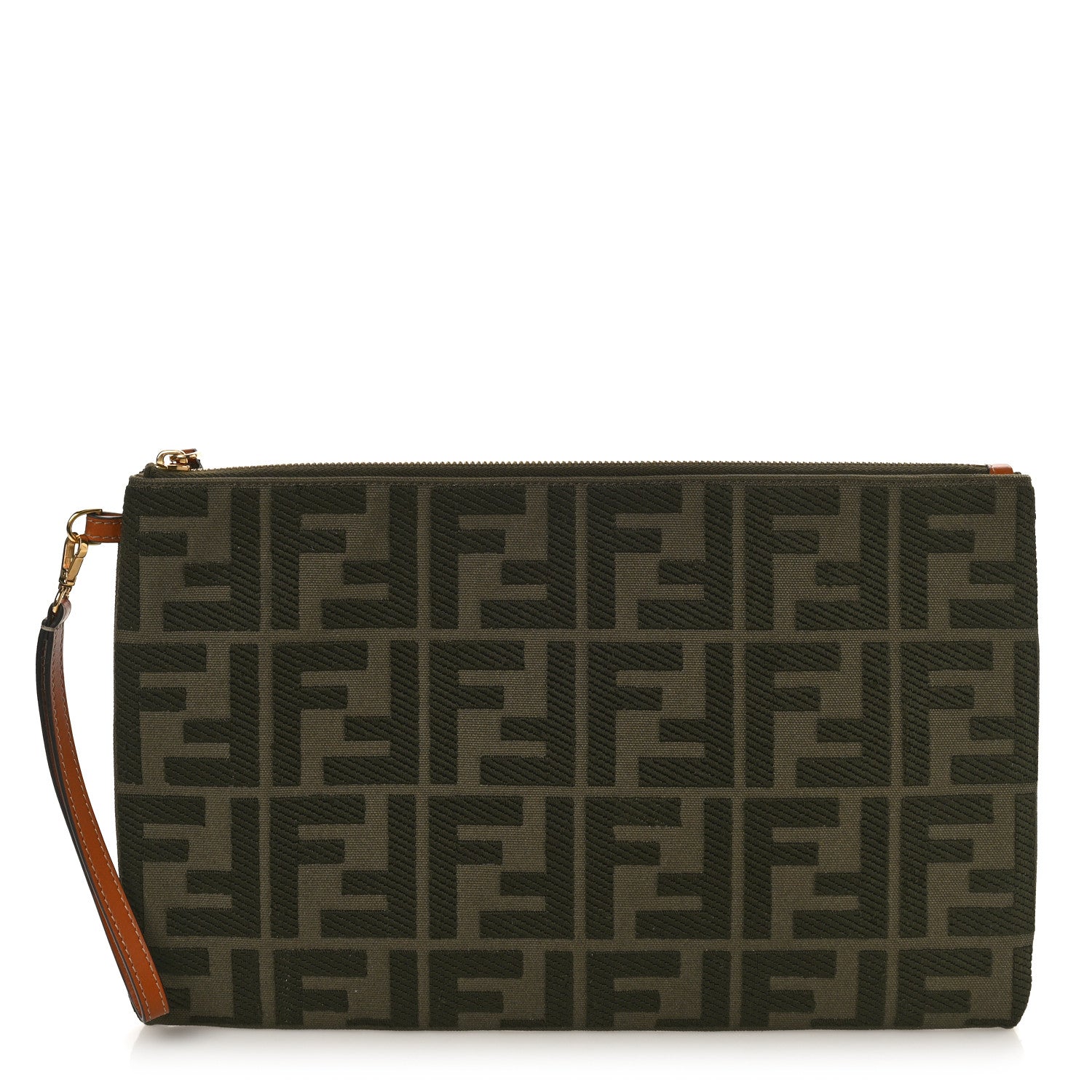 Fendi Canvas Vitello King FF Embroidered Large Flat Pouch Amazzonia Cuoio 1 of 8