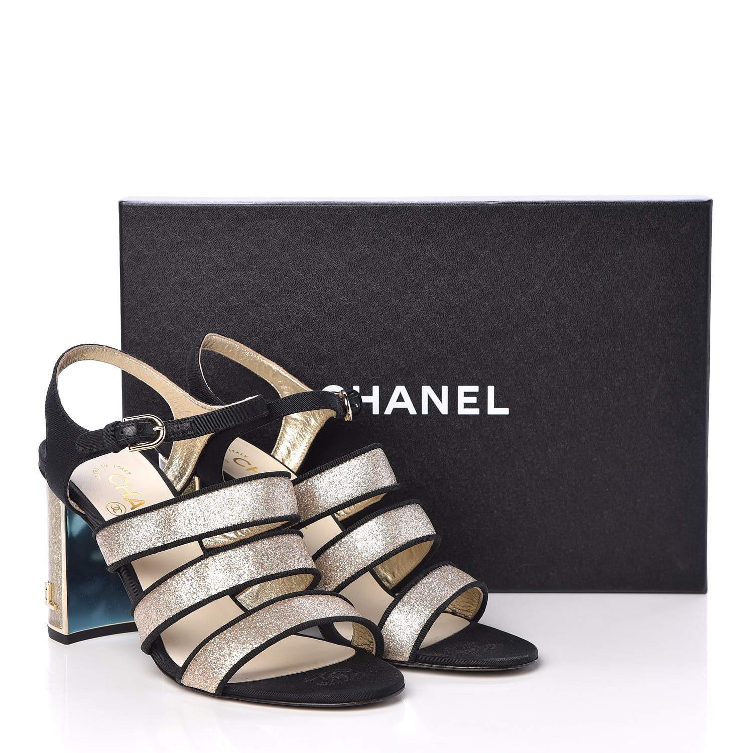 Chanel Sequin Grosgrain Logo Sandals 39 Black Gold 8 of 8