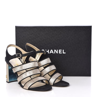 Chanel Sequin Grosgrain Logo Sandals 39 Black Gold 8 of 8