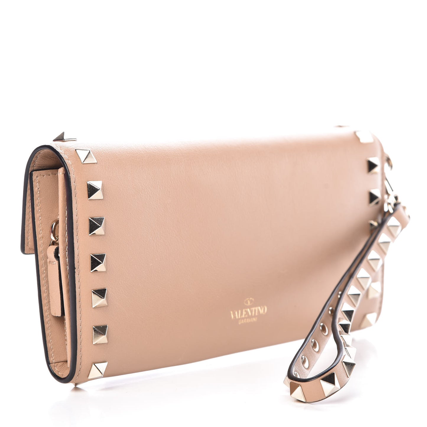 Calfskin Rockstud Wristlet Travel Wallet Camel Rose