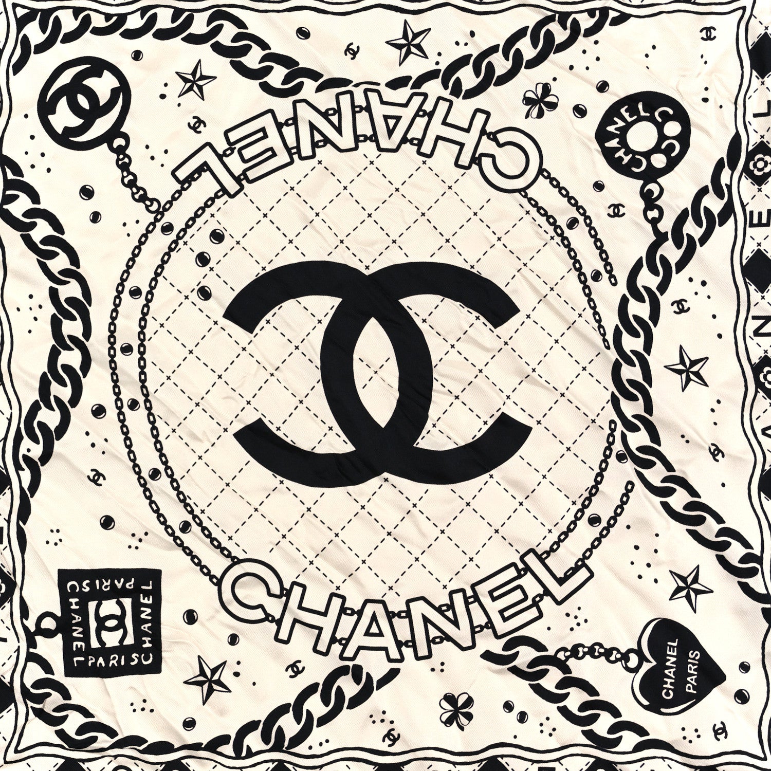 Chanel Silk Twill Square Scarf Hair Tie White Black 2 of 3