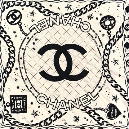 Chanel Silk Twill Square Scarf Hair Tie White Black 2 of 3