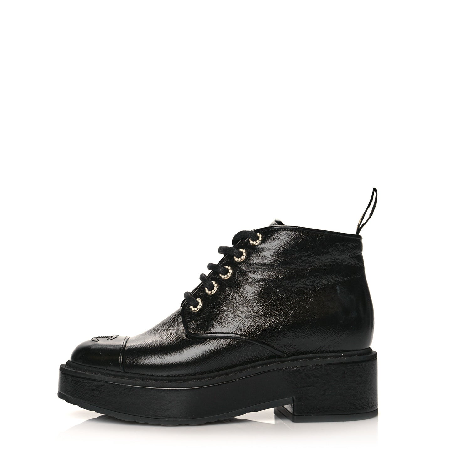Shiny Calfskin Pearl Lace Up Combat Short Boots 38 Black