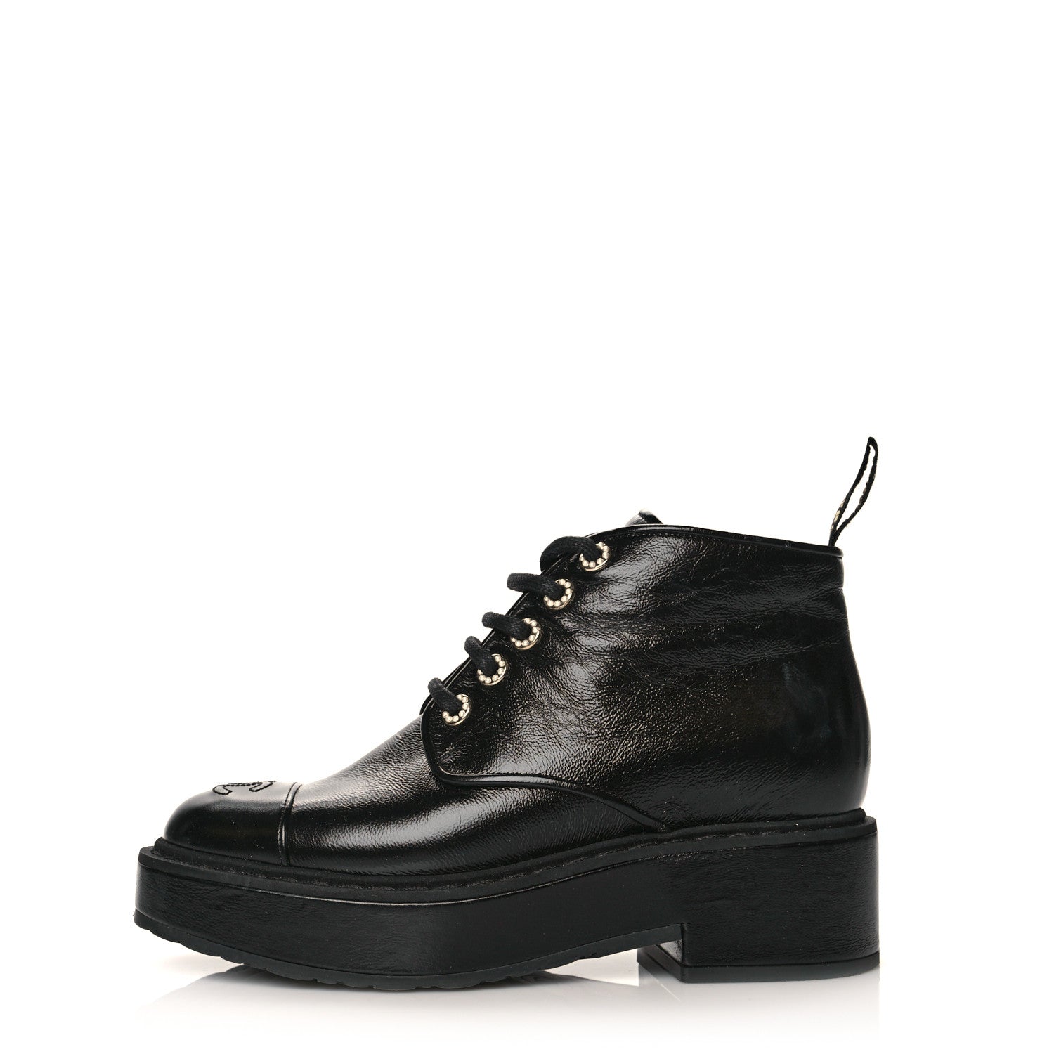 Chanel Shiny Calfskin Pearl Lace Up Combat Short Boots 38 Black 1 of 9
