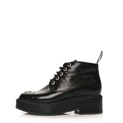 Chanel Shiny Calfskin Pearl Lace Up Combat Short Boots 38 Black 1 of 9