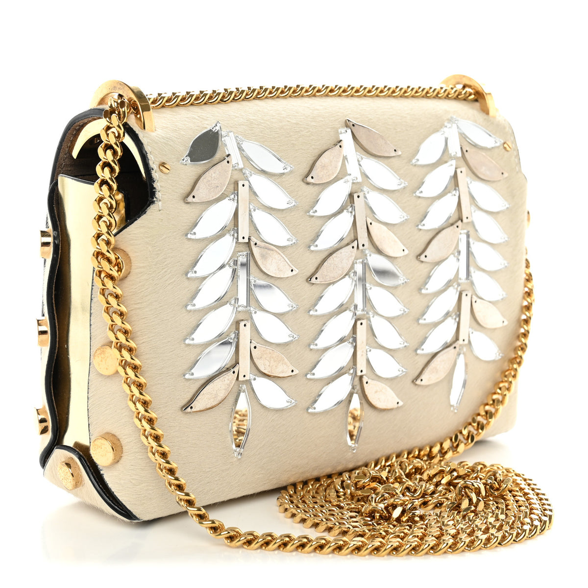 Calf Hair Mirror Embellished Lockett Petite Shoulder Bag White