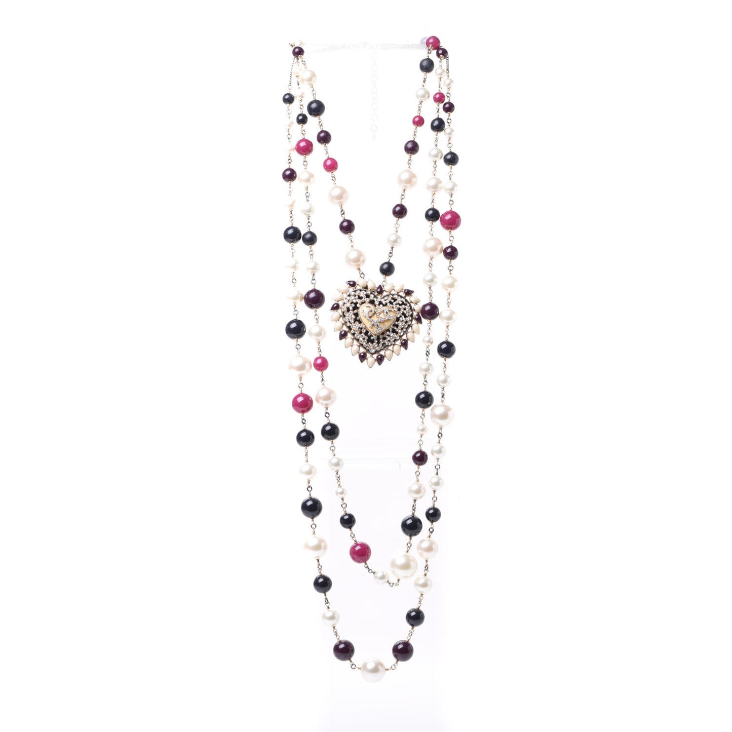 Crystal Pearl Resin Beaded Graduated CC Heart Long Necklace Gold Multicolor