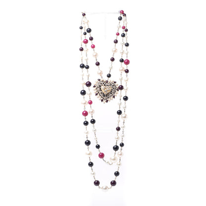 Chanel Crystal Pearl Resin Beaded Graduated CC Heart Long Necklace Gold Multicolor 2 of 4