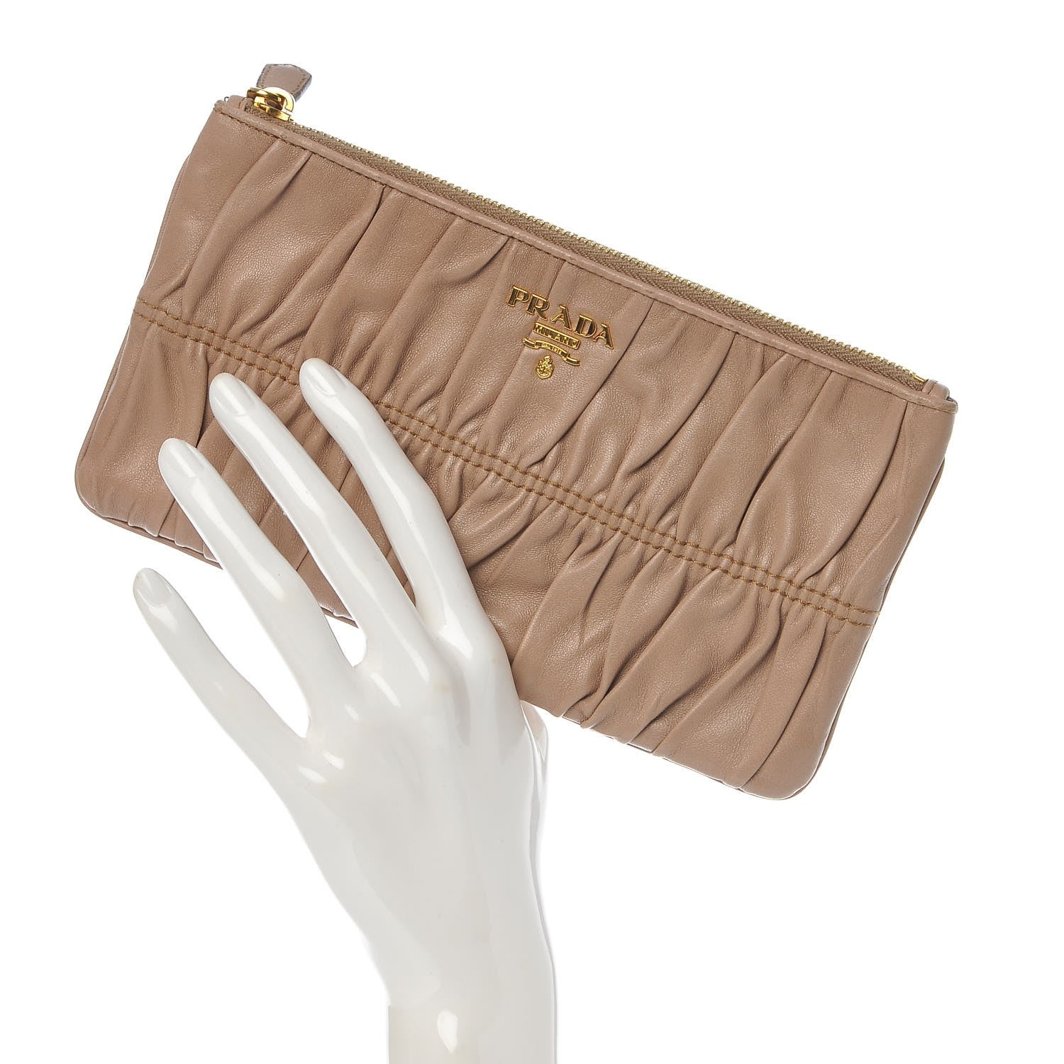 Prada Nappa Gaufre Ruched Pouch Visone 2 of 8