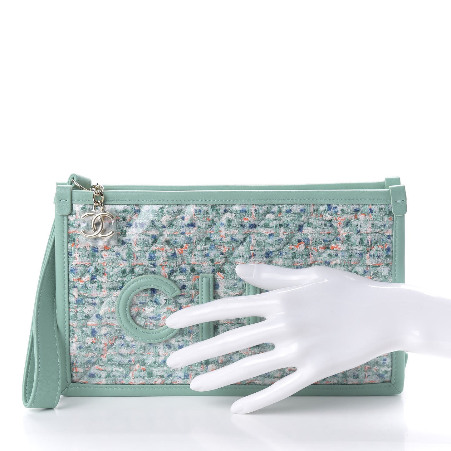 Tweed Lambskin PVC Quilted Wristlet Pouch Green