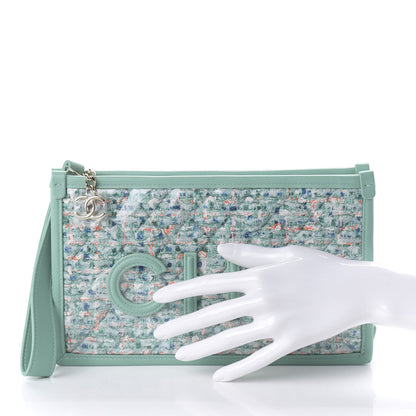 Chanel Tweed Lambskin PVC Quilted Wristlet Pouch Green 2 of 10