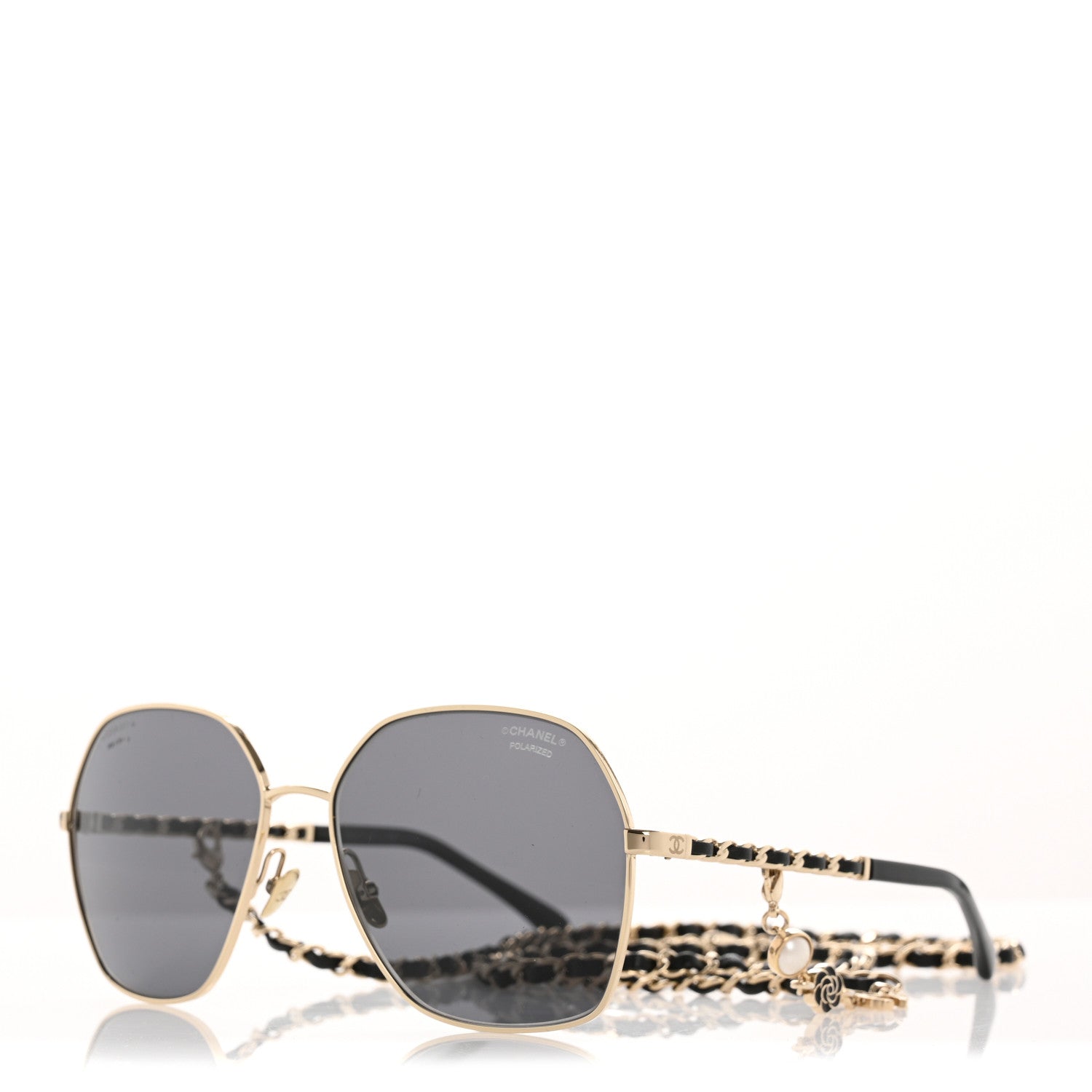 Chanel Metal Polarized Square Frame Chain Sunglasses 4274-Q Gold Black 1 of 9