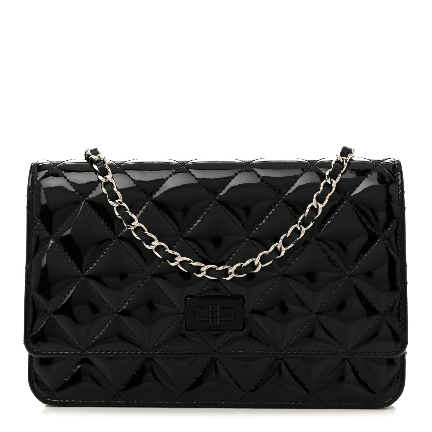 Chanel Patent Calfskin Quilted Reissue Wallet On Chain WOC So Black 1 of 12