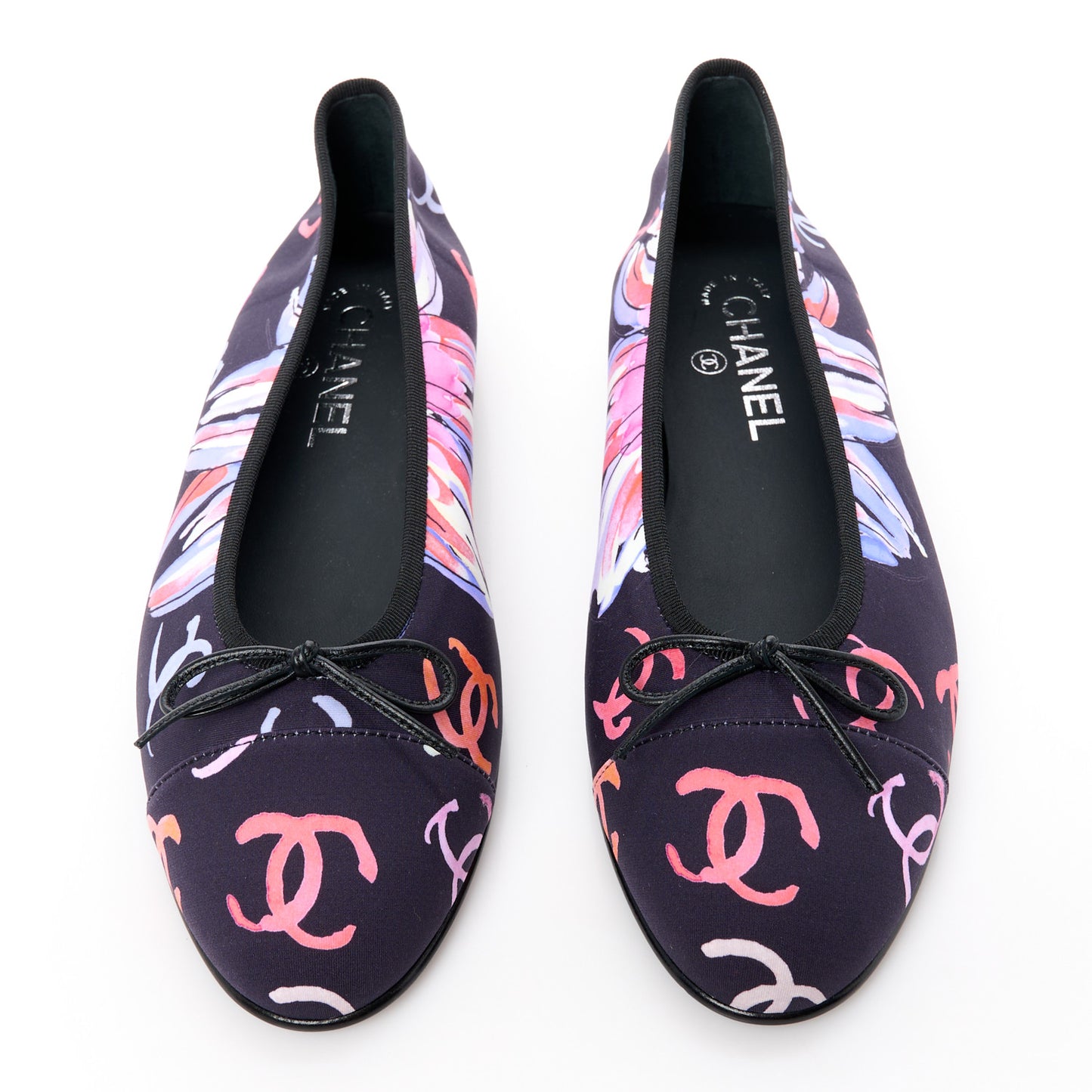 Printed Stretch Jersey Cap Toe Ballerina Flats 39 Black Multicolor