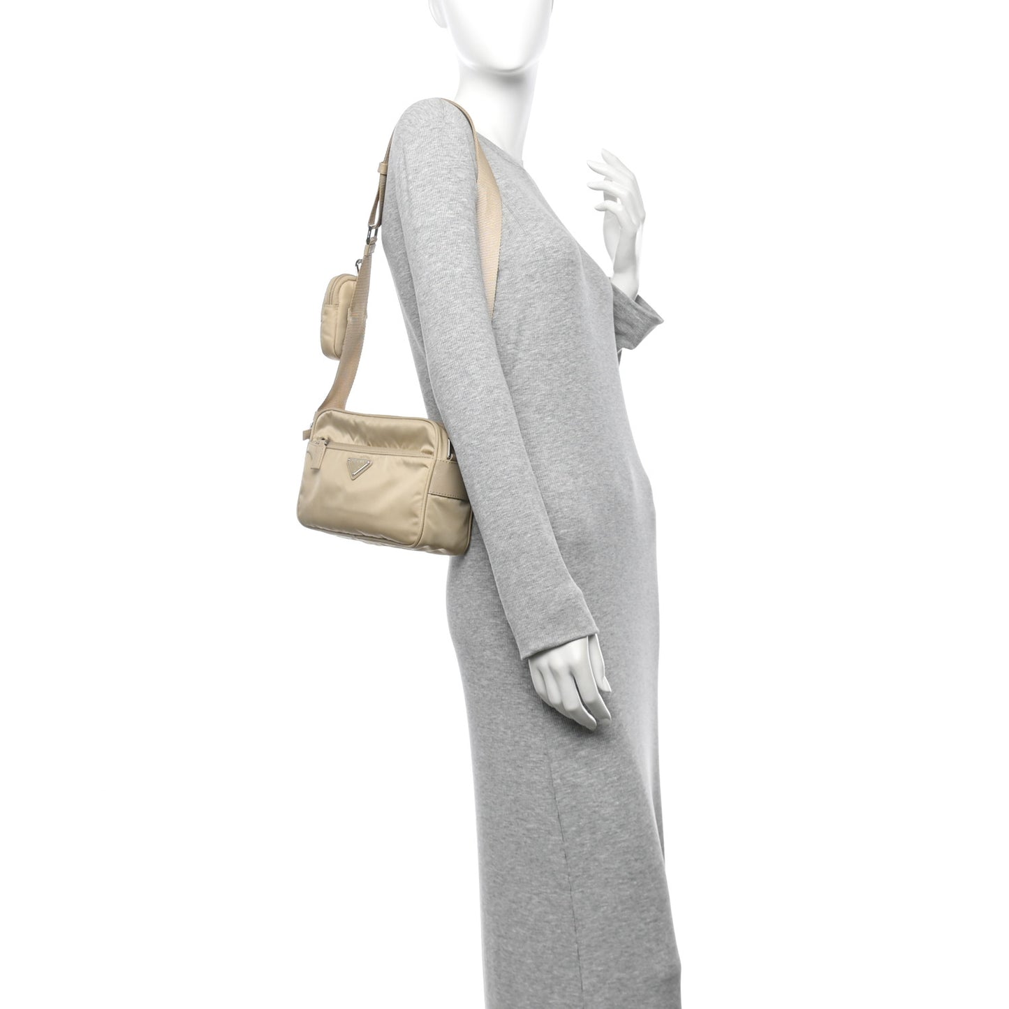 Re-Nylon Vela Saffiano Pocket Double Zip Shoulder Bag Deserto