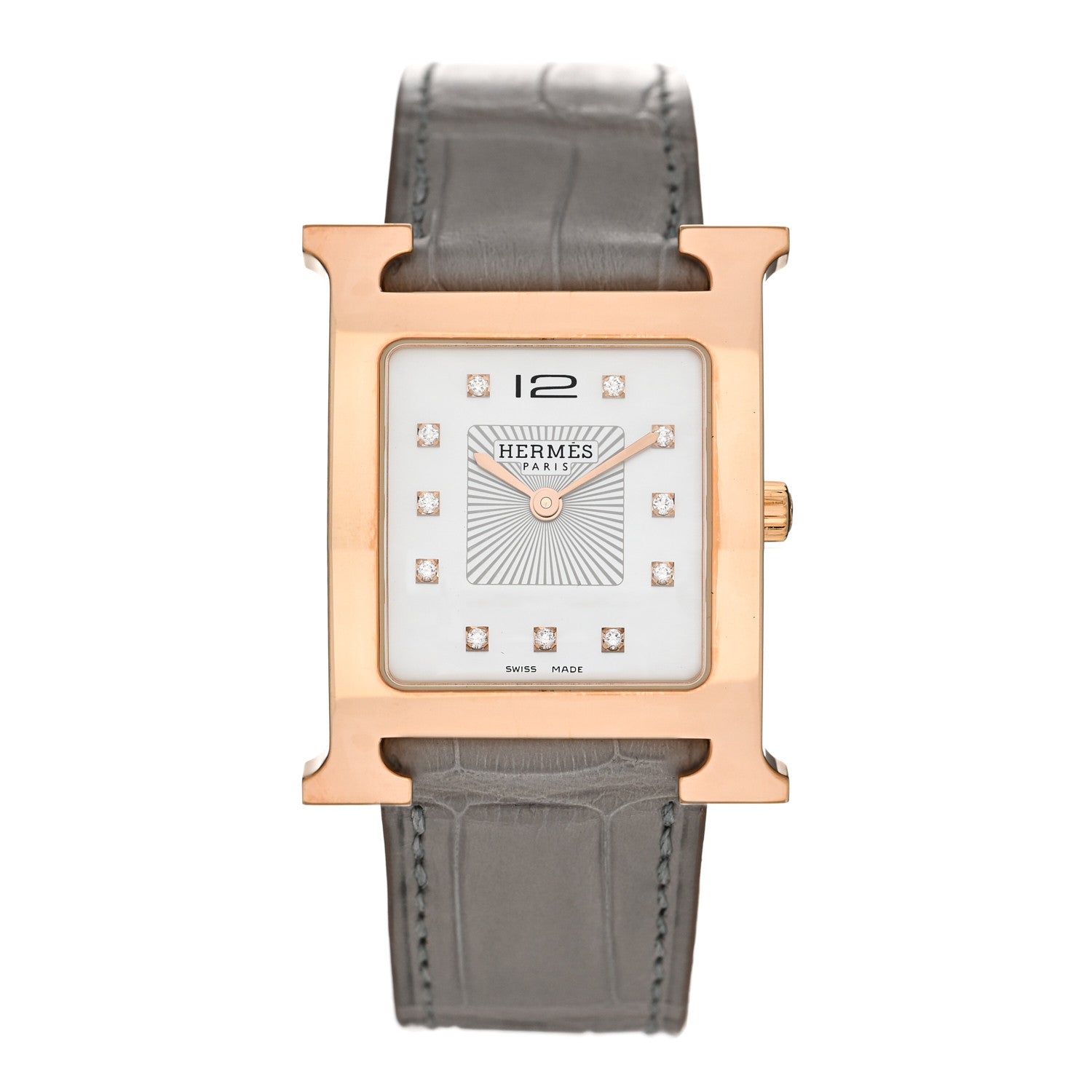 Hermes Stainless Steel Alligator Diamond Mother of Pearl 26mm Heure H Hour Quartz Watch Gris Perle 1 of 5