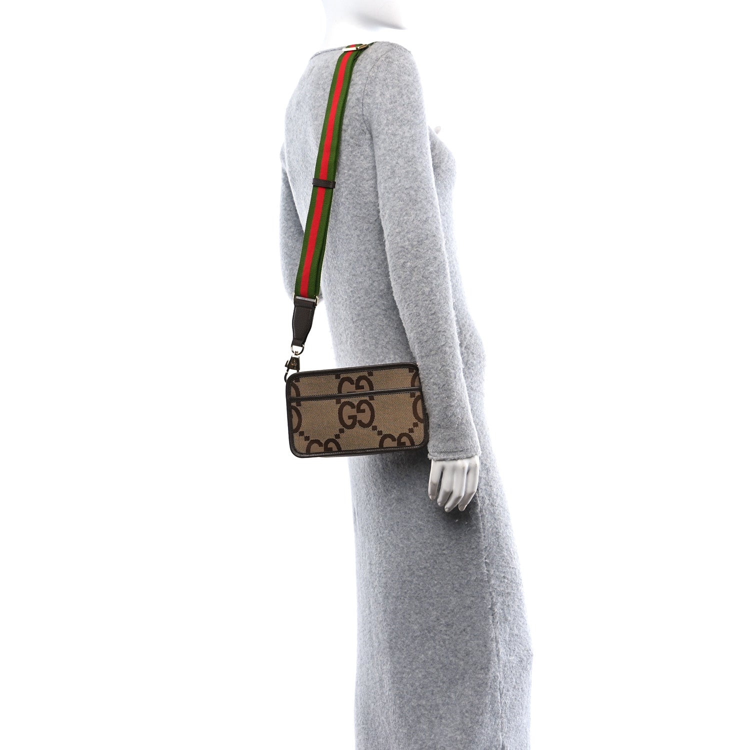 Gucci Monogram Jumbo GG Textured Dollar Calfskin Web Mini Crossbody Bag Camel Ebony New Acero 2 of 10