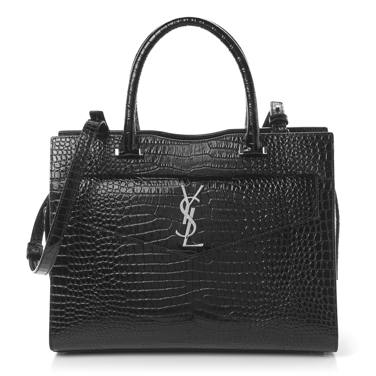 Saint Laurent Croc Calfskin Embossed Medium Uptown Tote Black 1 of 12