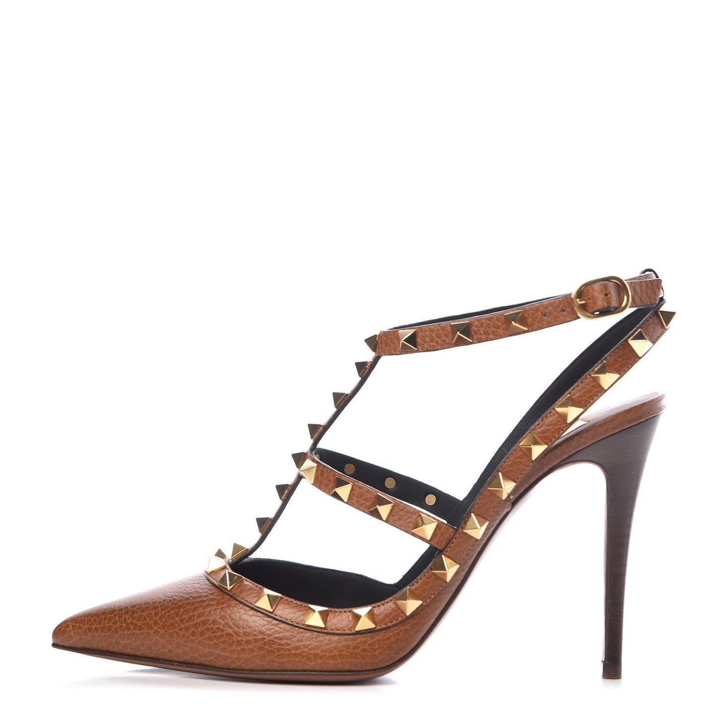 Pebbled Calfskin Rockstud Ankle Strap 100mm Pumps 38.5 Cuoio