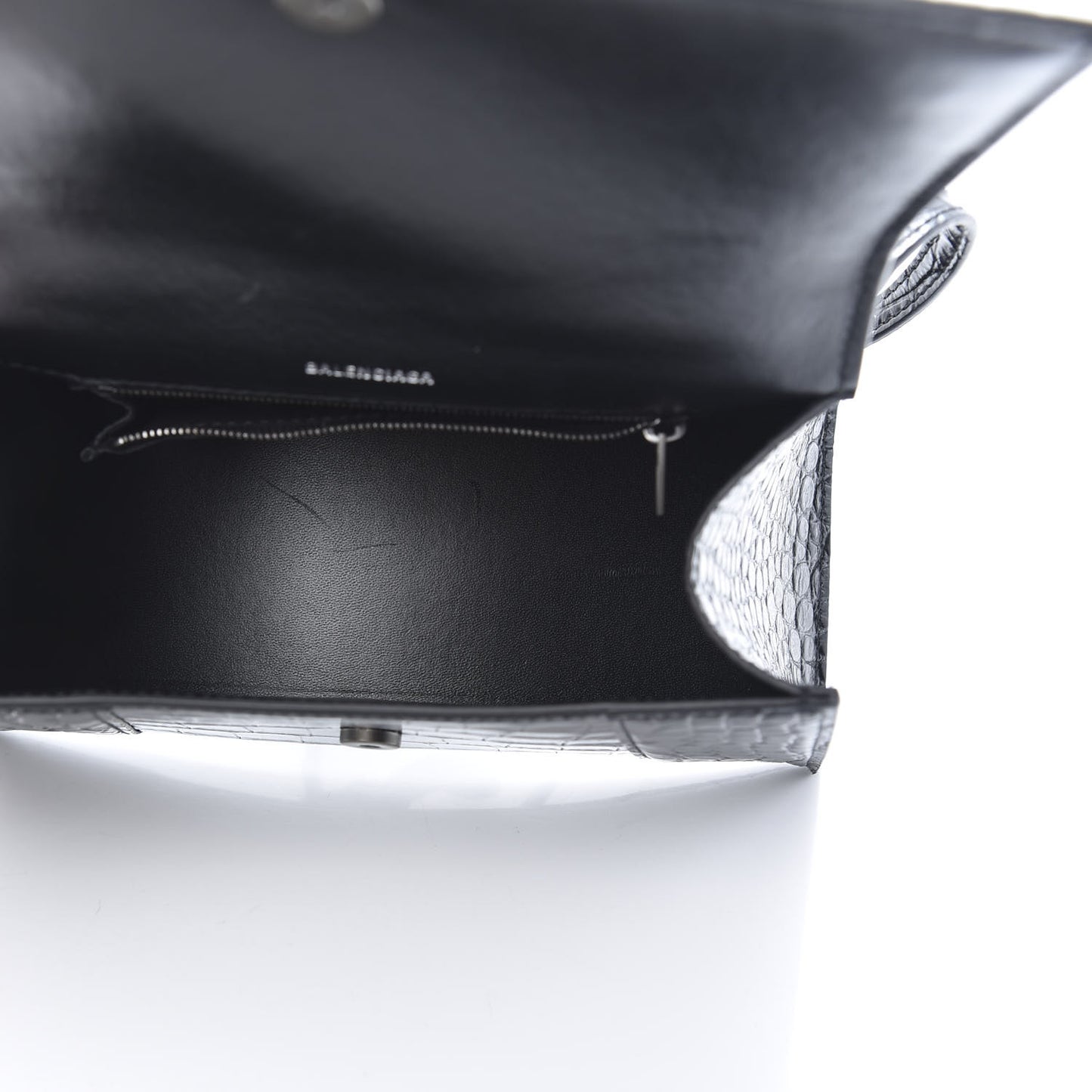 Shiny Calfskin Monochrome Crocodile Embossed Small Hourglass Top Handle Bag Black
