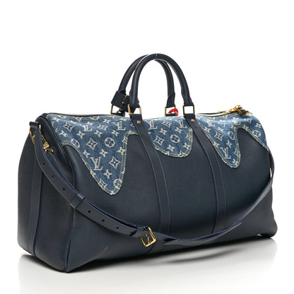 Louis Vuitton X NIGO Taurillon Monogram Denim Drip Keepall Bandouliere 50 Blue 2 of 9