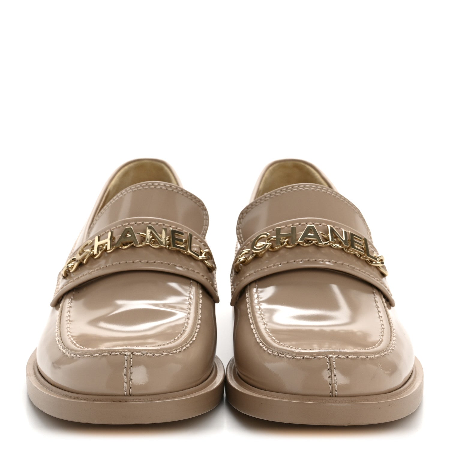 Chanel Shiny Calfskin Logo Loafers 40 Beige 3 of 11