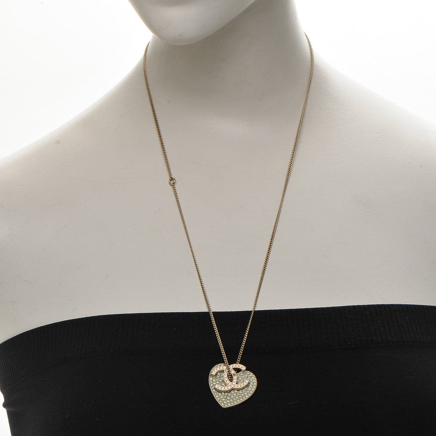 Crystal Heart CC Charm Necklace Gold