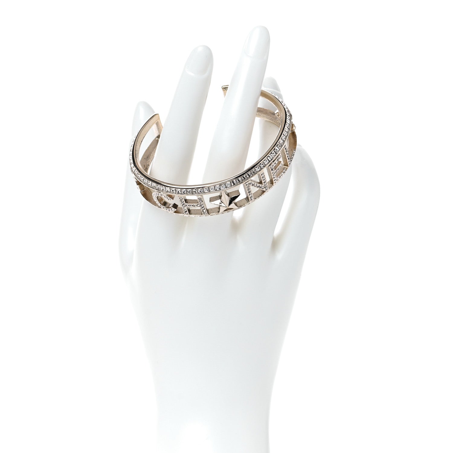 Chanel Crystal Baguette Logo Cuff Bracelet Gold 2 of 5