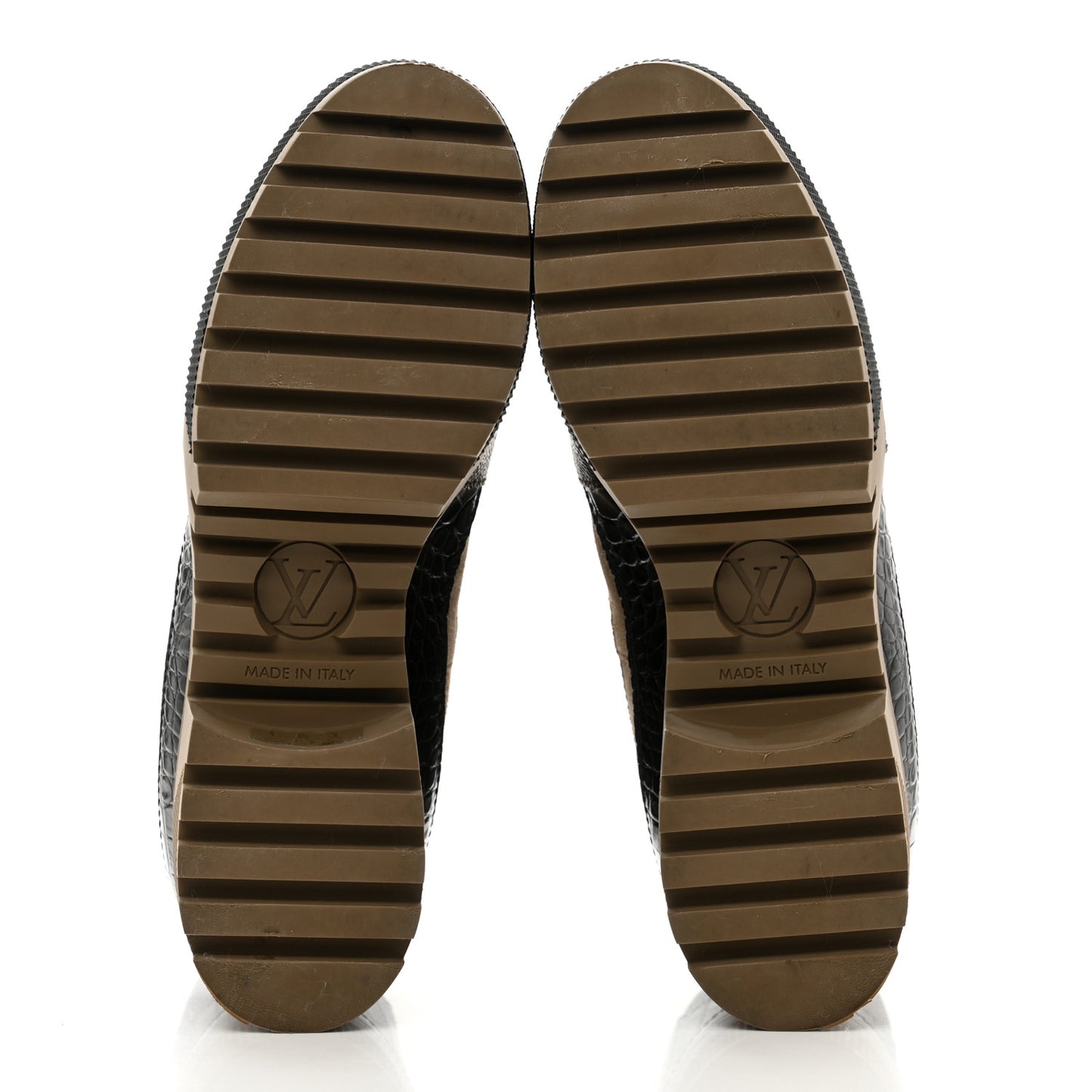 Suede Calfskin Crocodile Embossed Patent Monogram Laureate Platform Desert Boots 38 Taupe