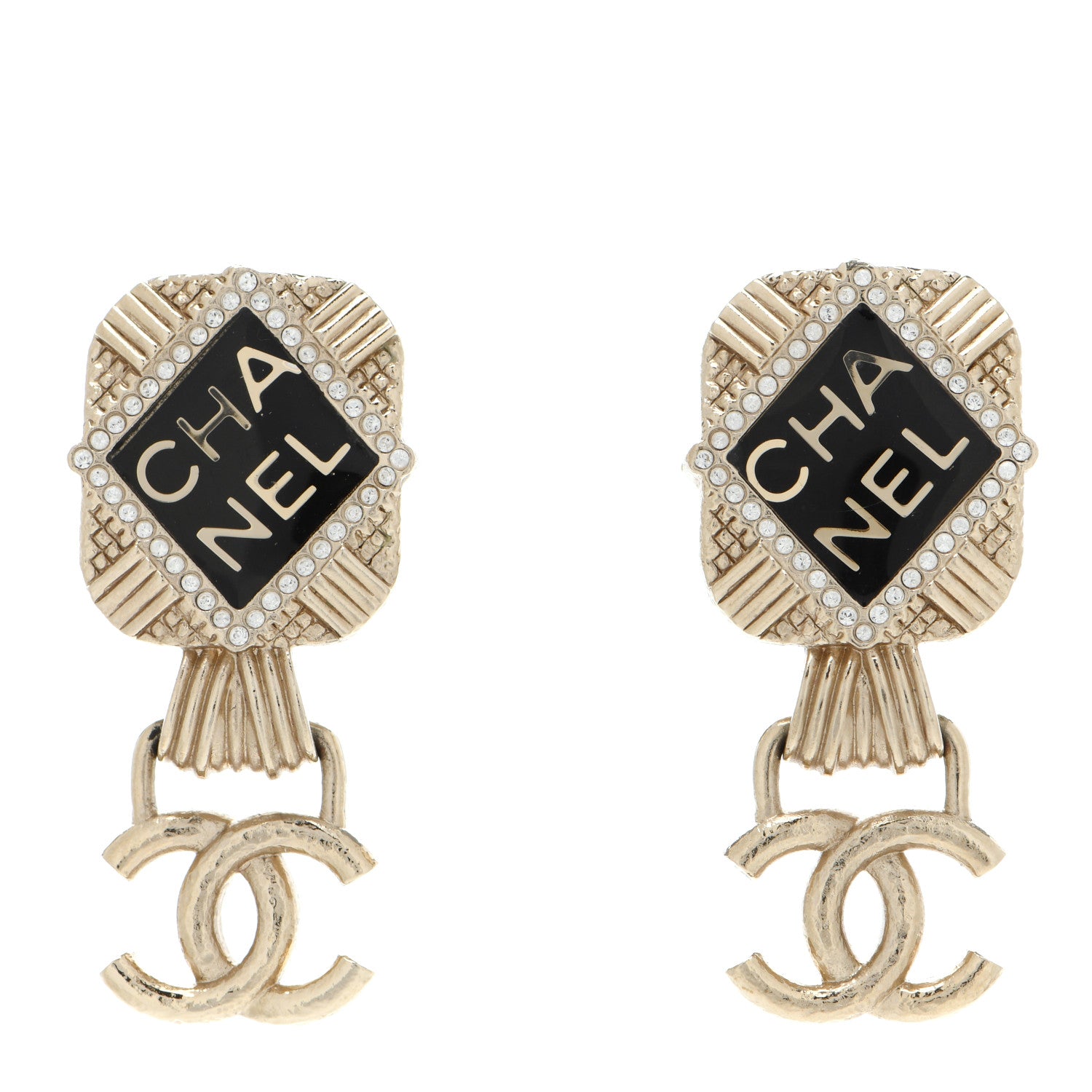 Chanel Resin Crystal Quilted CC Drop Earrings Black Gold 1 of 4