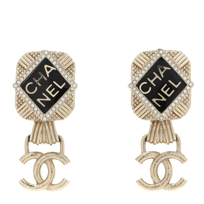 Chanel Resin Crystal Quilted CC Drop Earrings Black Gold 1 of 4
