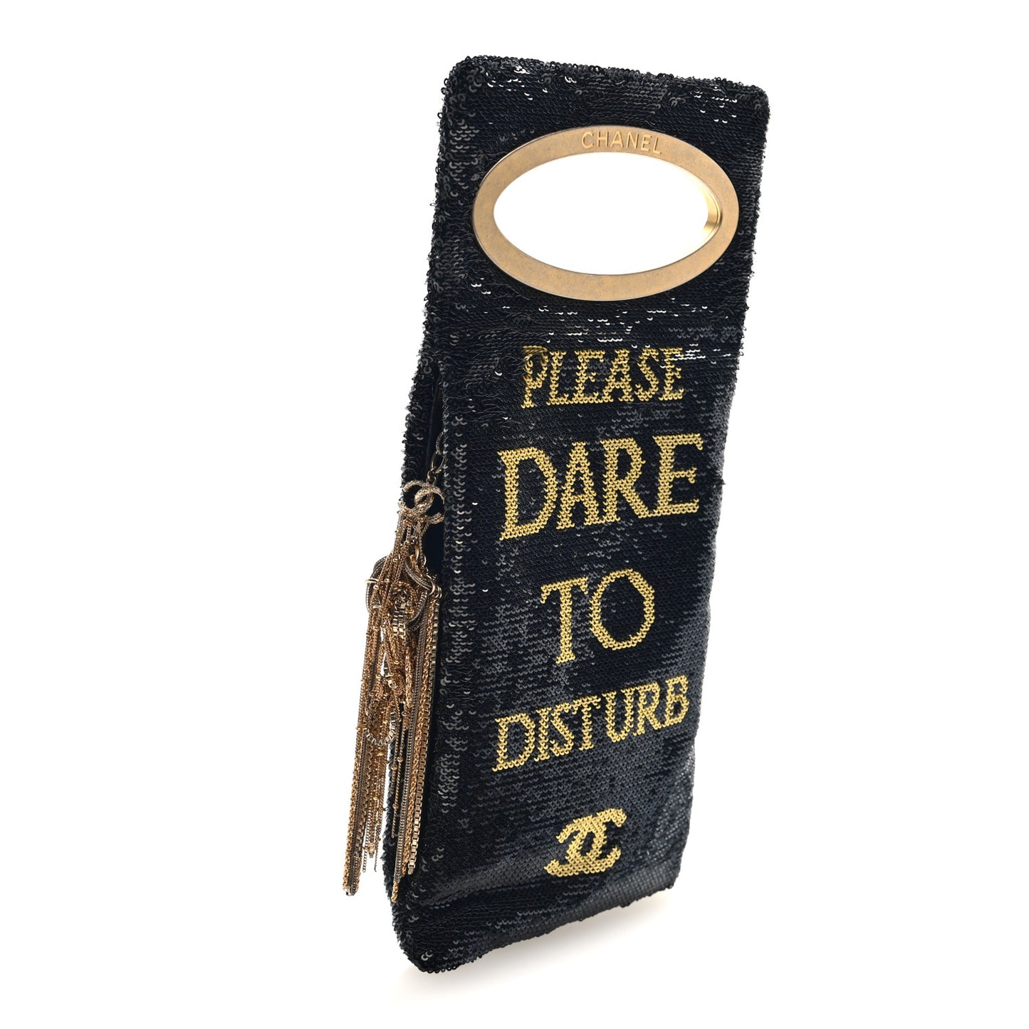 Sequin Do Not Disturb Minaudiere Clutch Black Gold