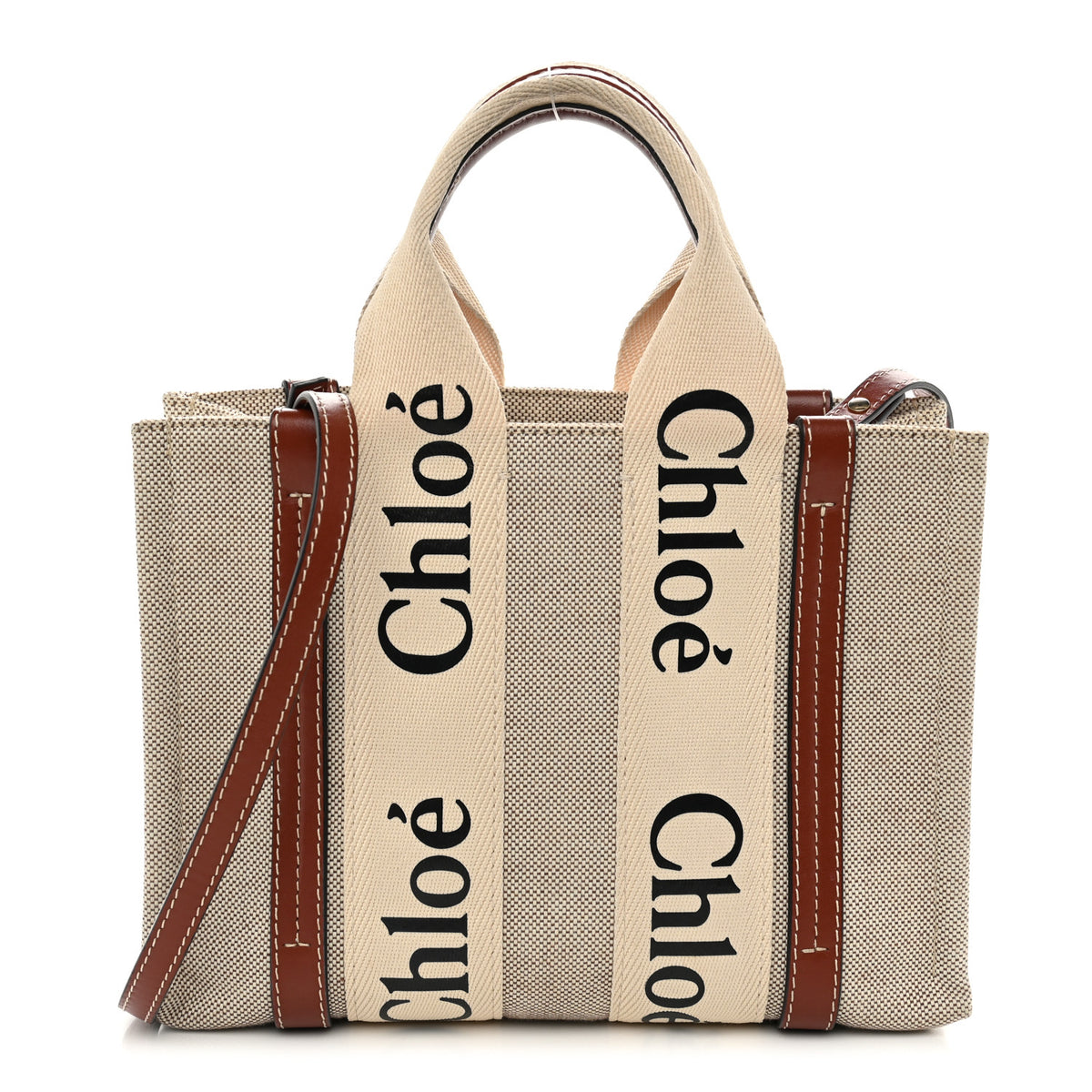 Cotton Calfskin Small Woody Ribbon Tote With Strap White Brown