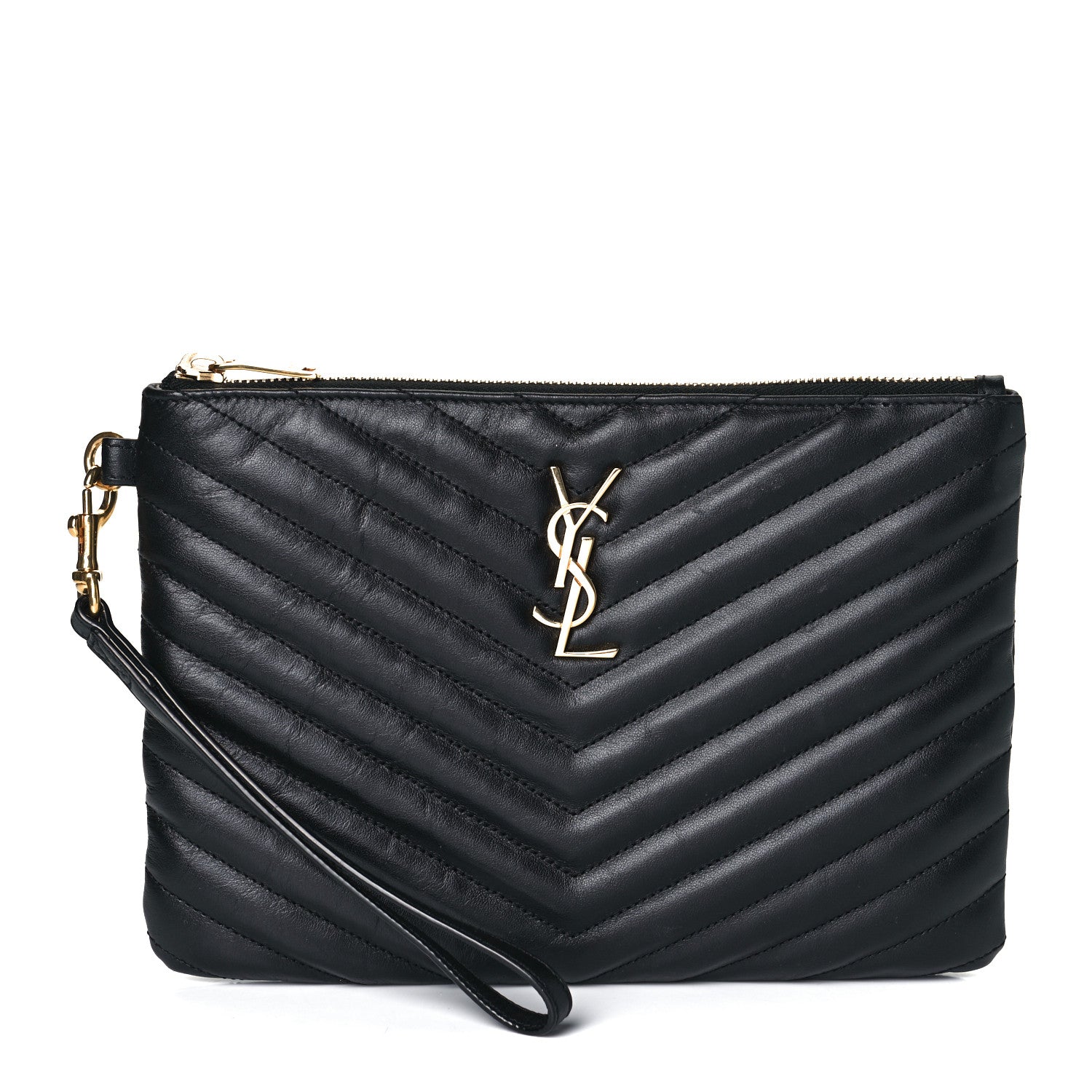Saint Laurent Calfskin Matelasse Chevron Monogram A5 Wristlet Black 1 of 9