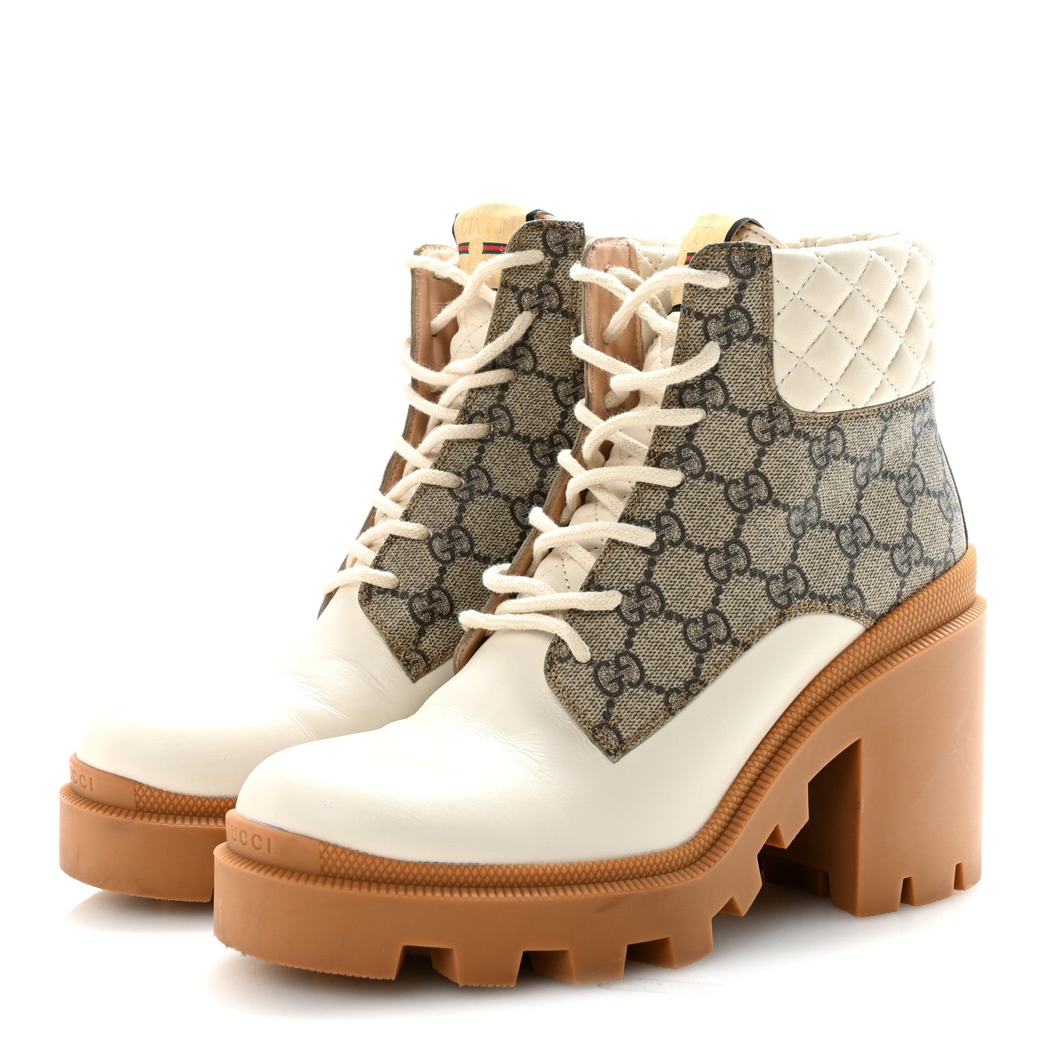 Gucci Apollo Calfskin GG Supreme Nappa Samoa Quilted Lace Up Ankle Boots 40 Mystic White Beige Ebony 7 of 20