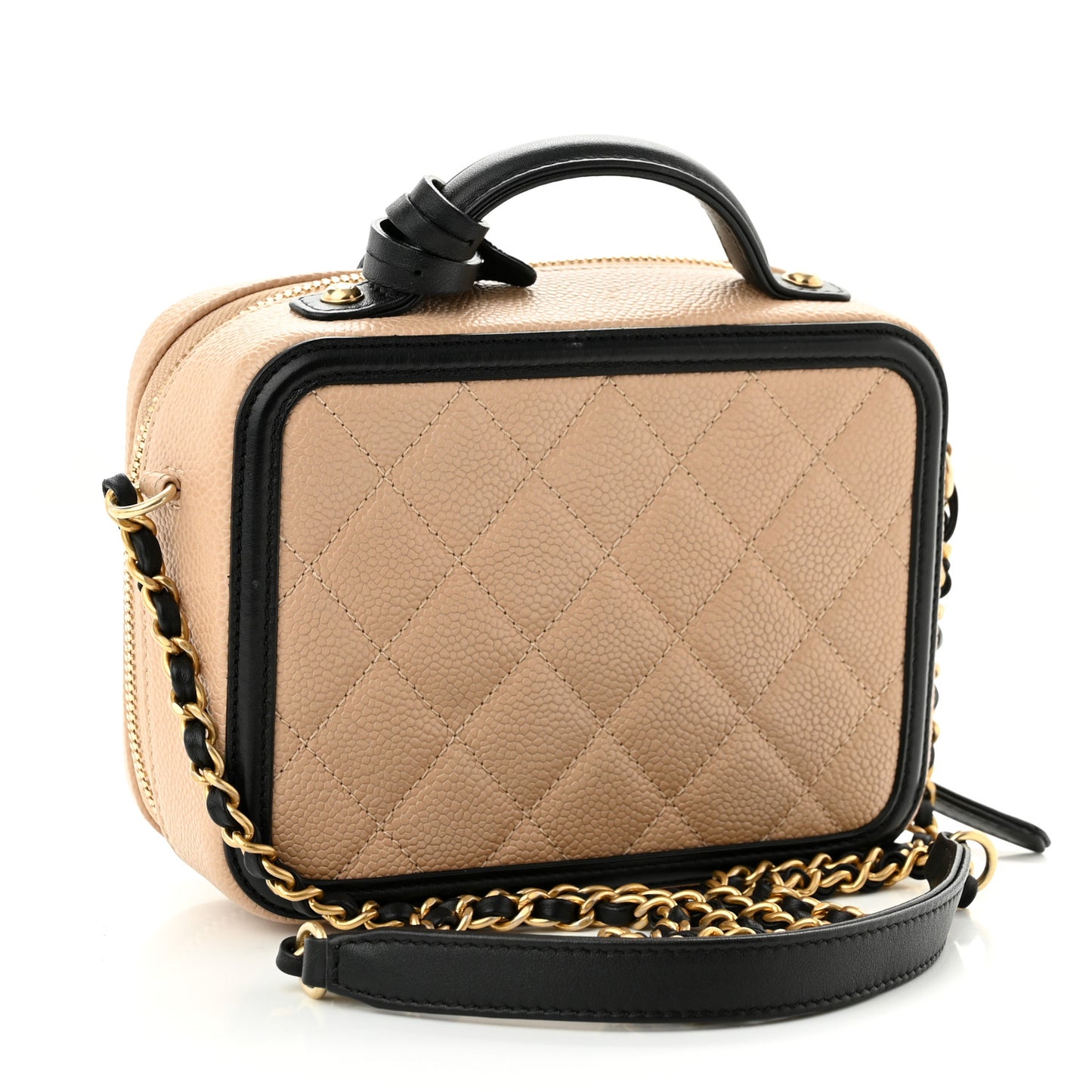 Caviar Quilted Small CC Filigree Vanity Case Beige Black