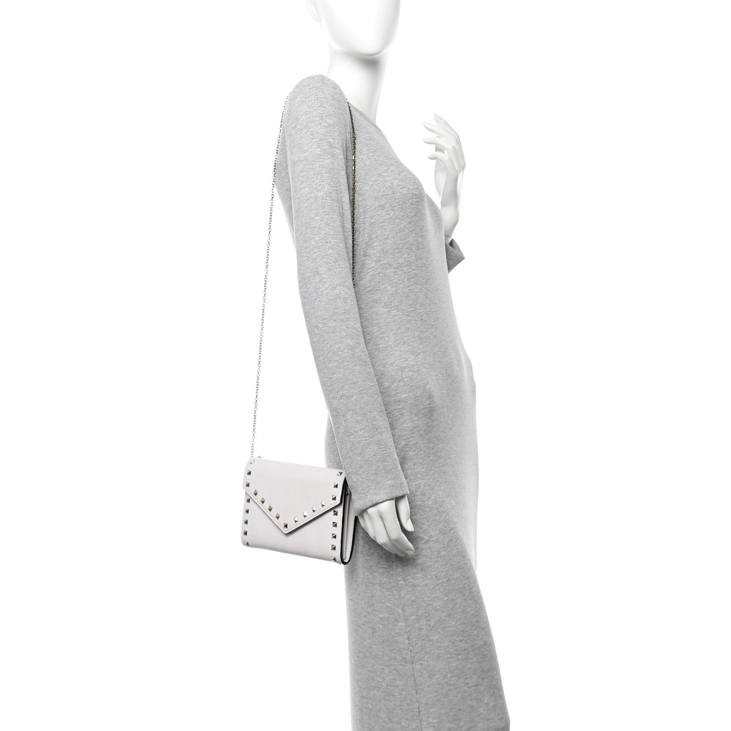 Valentino Garavani Pebbled Calfskin Rockstud Envelope Wallet on Chain White 2 of 9