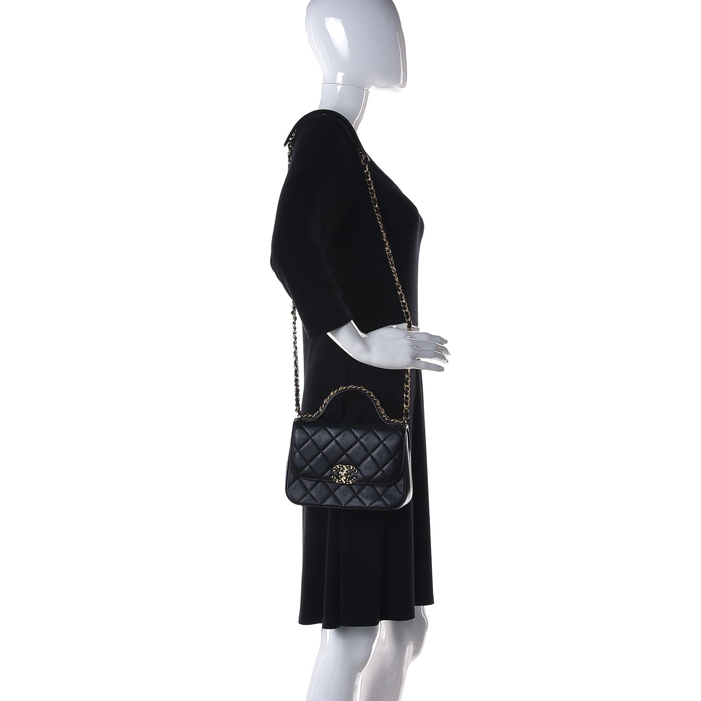 Lambskin Quilted Small Chain Infinity Top Handle Flap Black