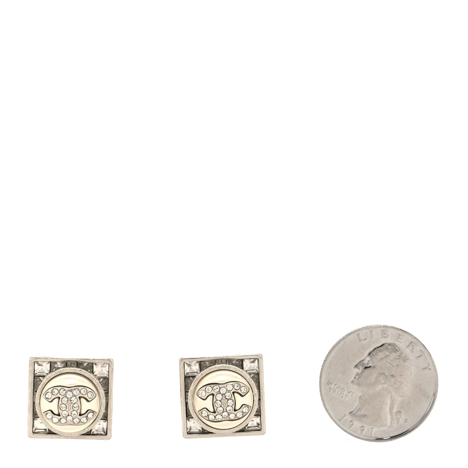 Chanel Pearl Crystal Metal CC Square Earrings Gold 2 of 4