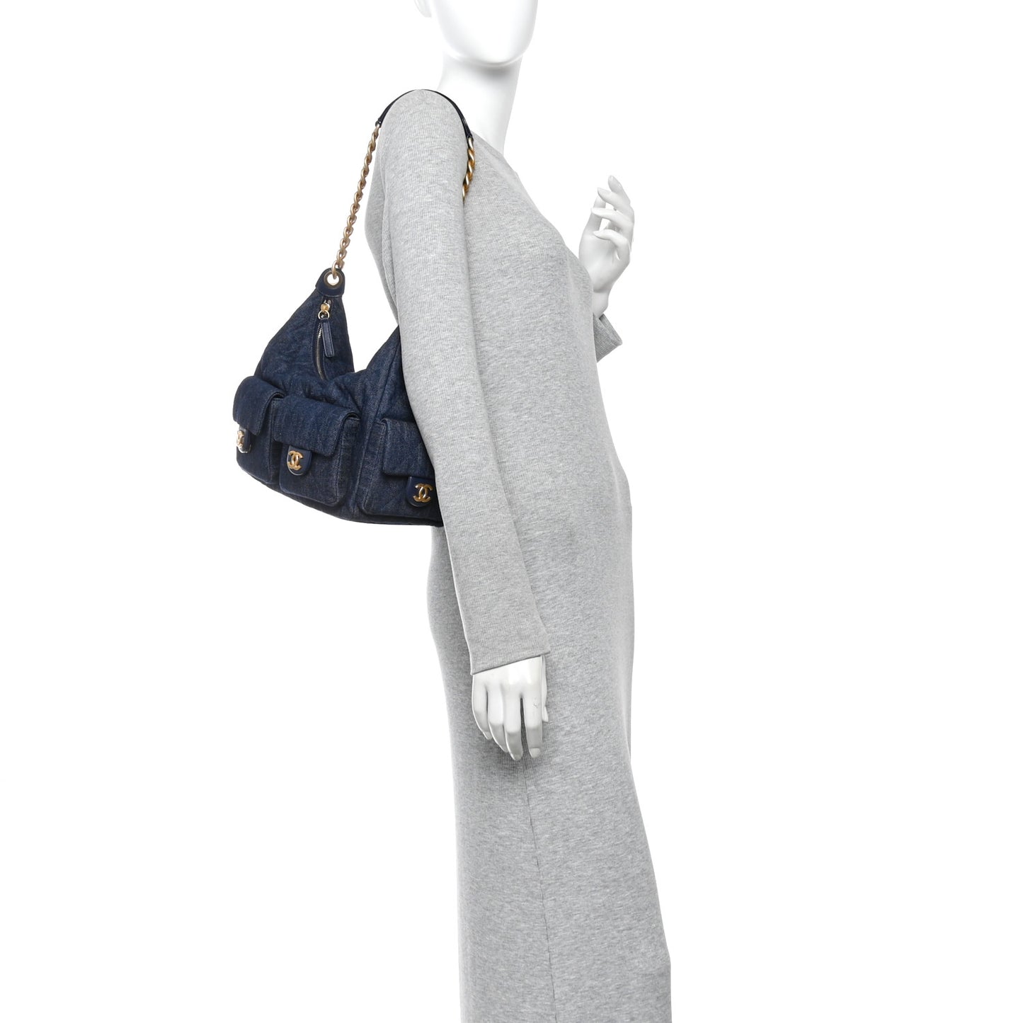 Washed Denim Quilted Large Trendy Pockets Hobo Dark Blue