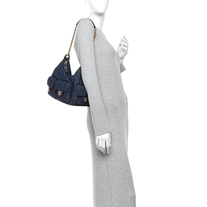 Chanel Washed Denim Quilted Large Trendy Pockets Hobo Dark Blue 2 of 10